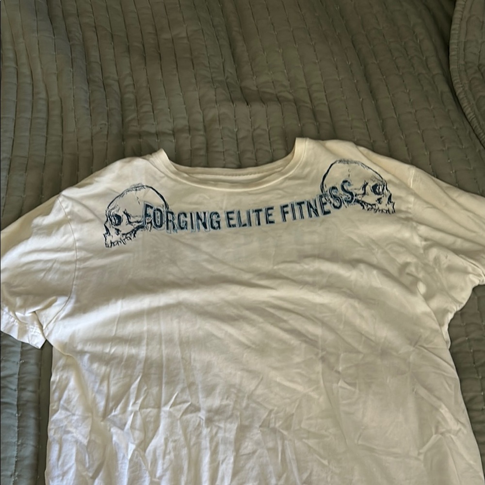 White Short Sleeve Tee with Blue Text